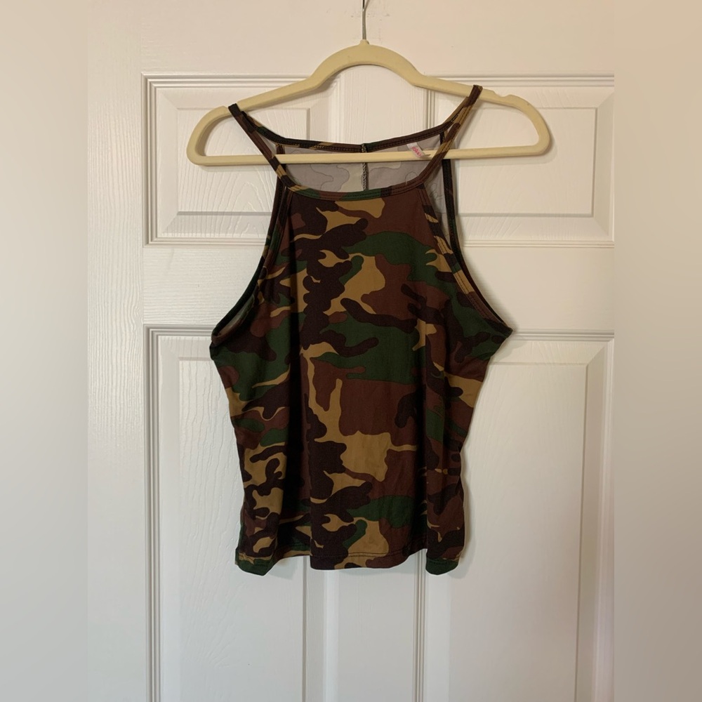 Sweet Sleeveless Camo Print Military Fitted Crop‎ Tank Top, Size XL Y2K Grunge
